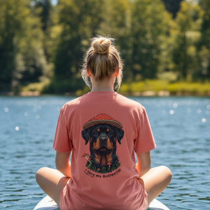 I love my Rottweiler Paddle Frogs Magic Mushroom Forest Tee Front side of coral reef on a paddle board crisscross applesauce crew model