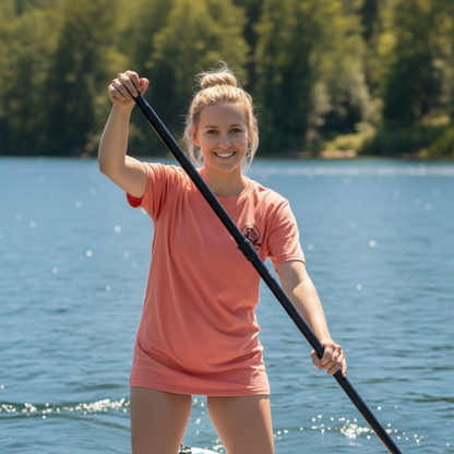 I love my Rottweiler Paddle Frogs Magic Mushroom Forest Tee Front side of coral reef on a paddle board with crew model
