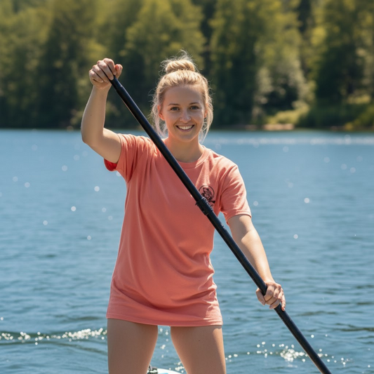 I love my Rottweiler Paddle Frogs Magic Mushroom Forest Tee Front side of coral reef on a paddle board with crew model