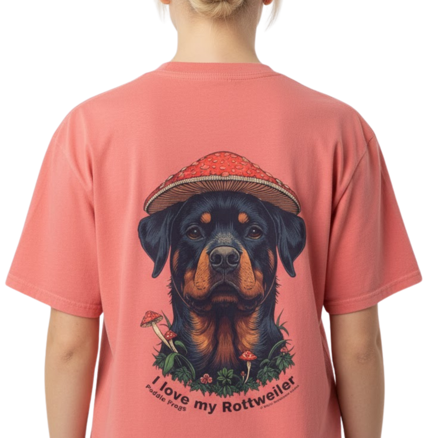 I love my Rottweiler Paddle Frogs Magic Mushroom Forest Tee on a transparent background