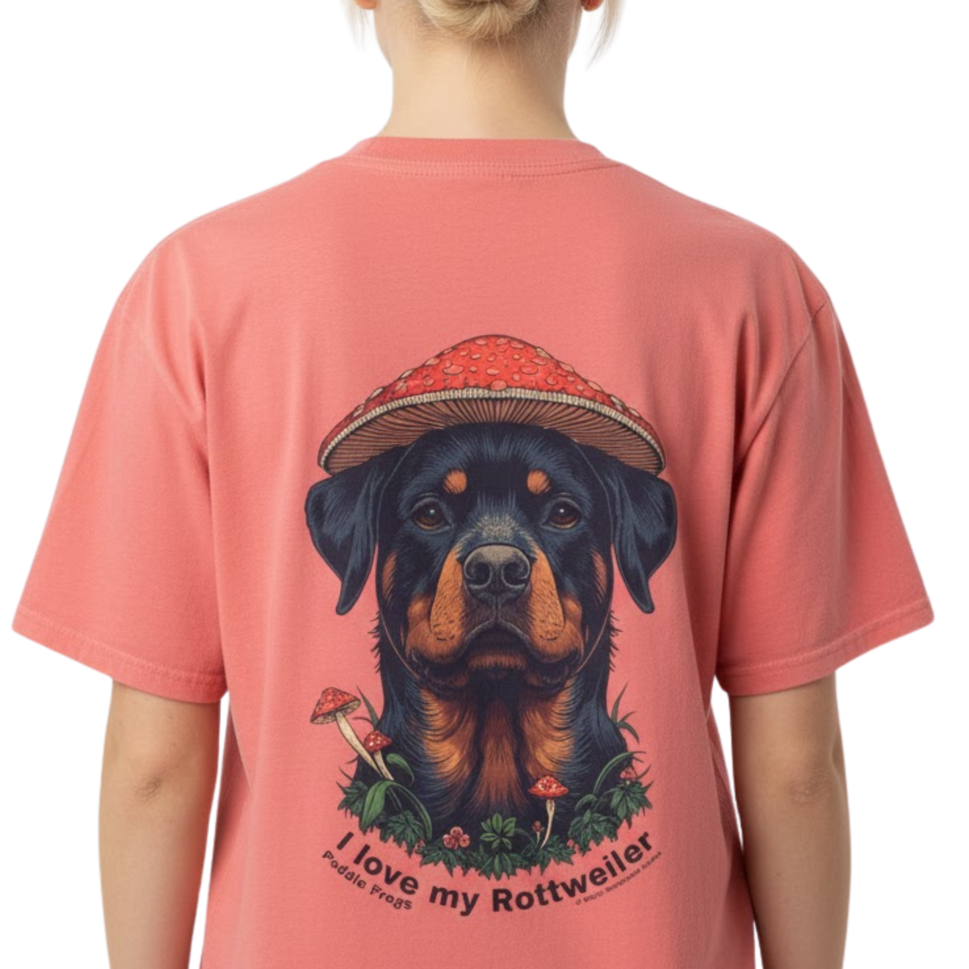 I love my Rottweiler Paddle Frogs Magic Mushroom Forest Tee on a transparent background