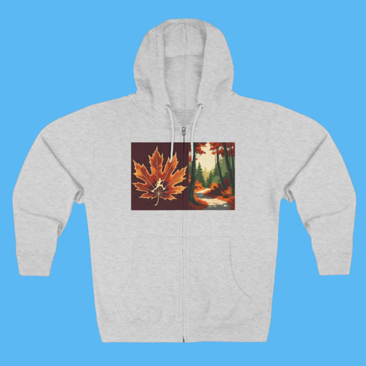 Ice Skate (Paddle Frogs) Gray Zipper hoodie with a maple leaf and forest design on a white background