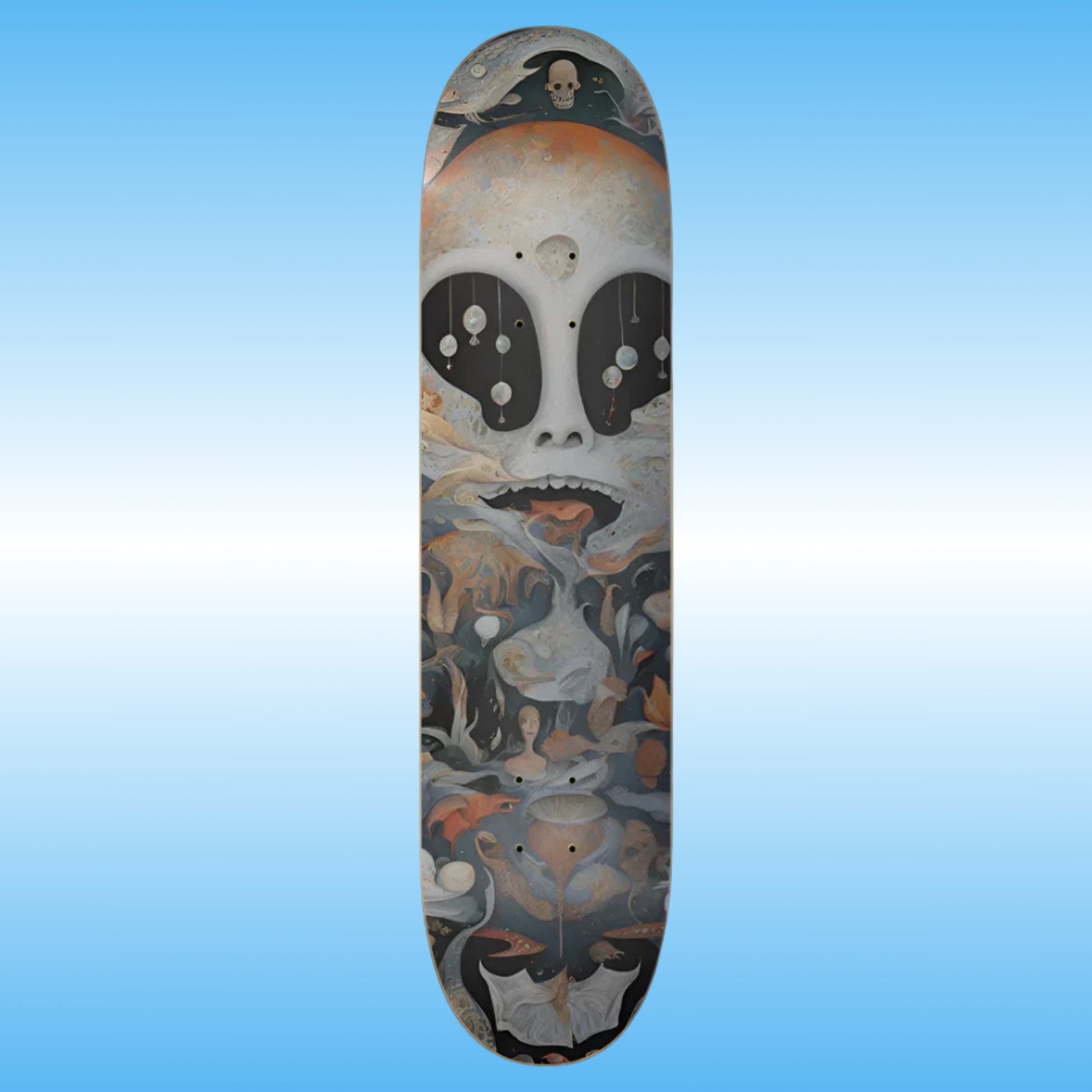 Invited Desires | Paddle Frogs pro skateboard deck Skateboard deck with a skull and abstract design on a blue gradient background