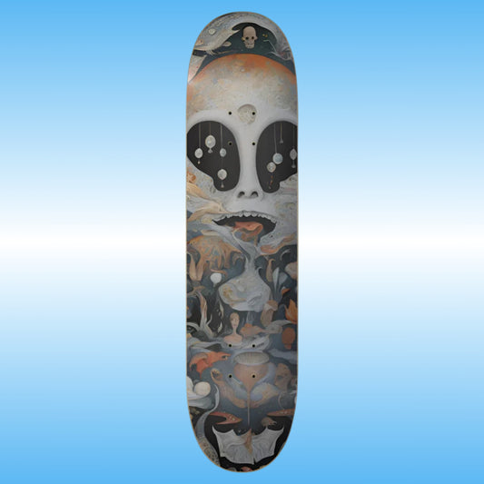 Invited Desires | Paddle Frogs pro skateboard deck Skateboard deck with a skull and abstract design on a blue gradient background