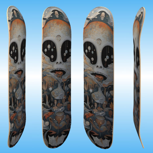 Invited Desires | Paddle Frogs skateboard deck with possible alien design on a blue gradient background but it's not an alien, it's your desire that had the invite.