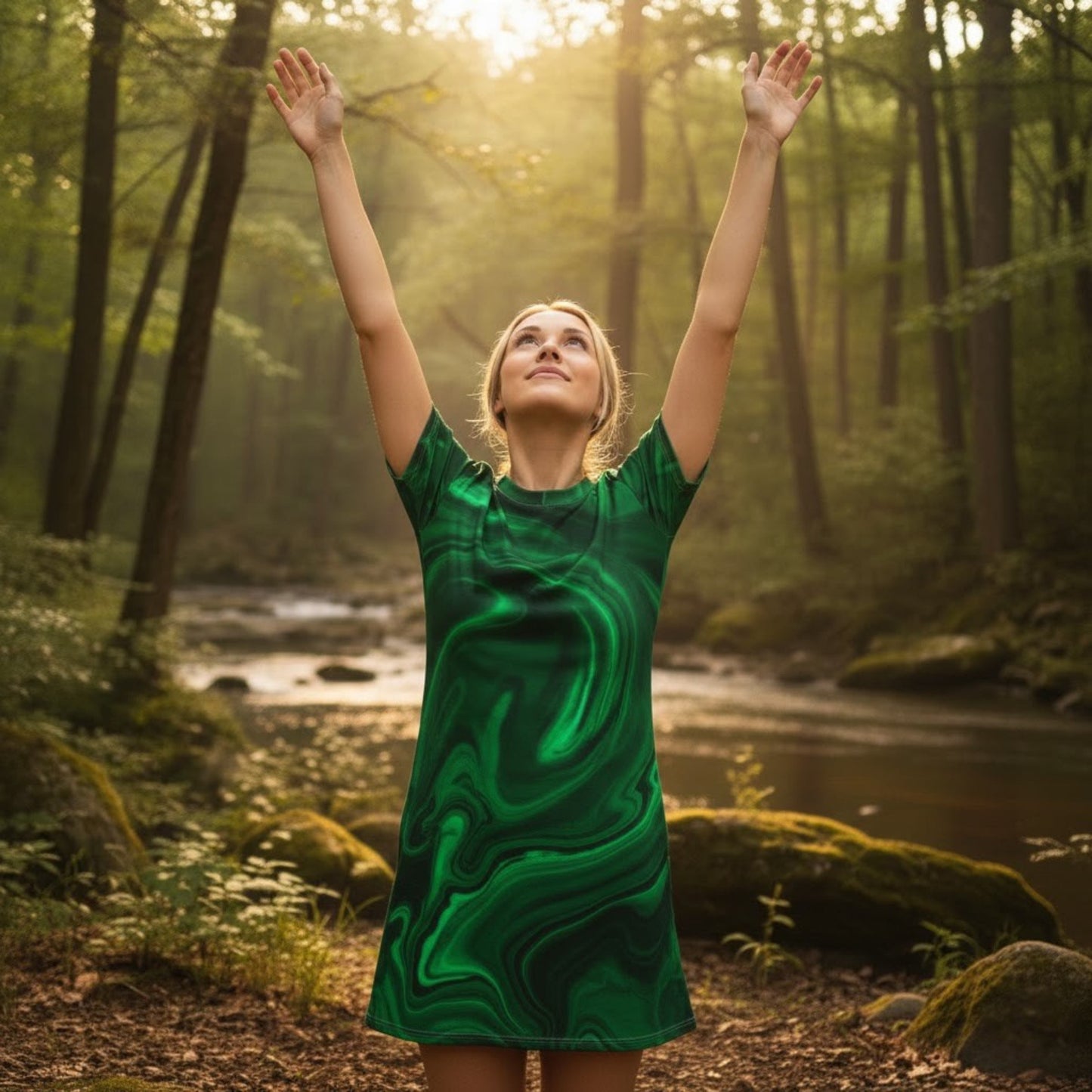 Woman in a jade green tee dress standing in a forest with her arms raised, surrounded by nature.