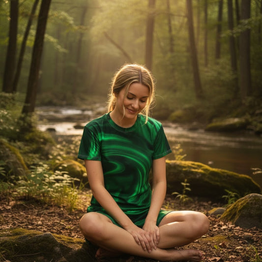 Woman in a jade green t-shirt dress sitting crisscross applesauce by a stream in a forest