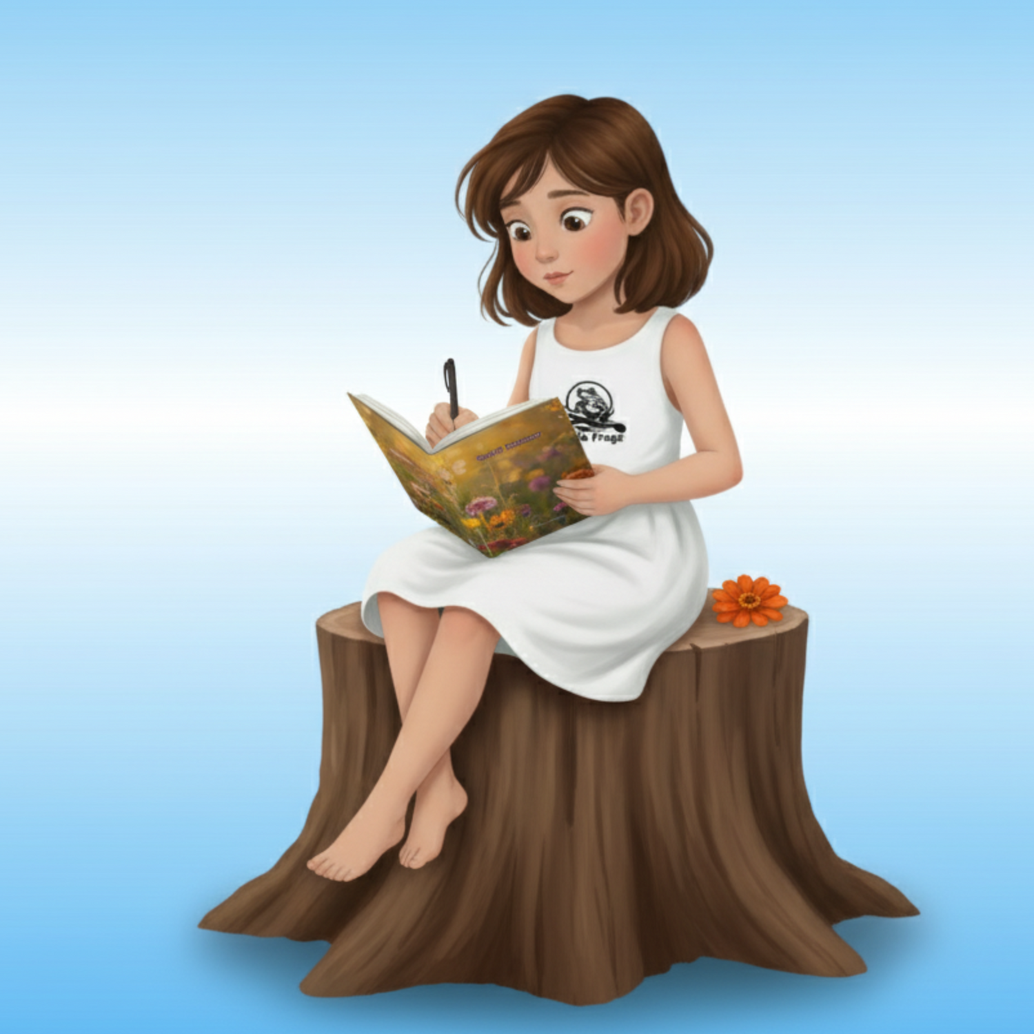 Journal for kids page image of Sunlit Meadow hardcover | Illustration of a girl sitting on a tree stump with a book and pen against a blue background