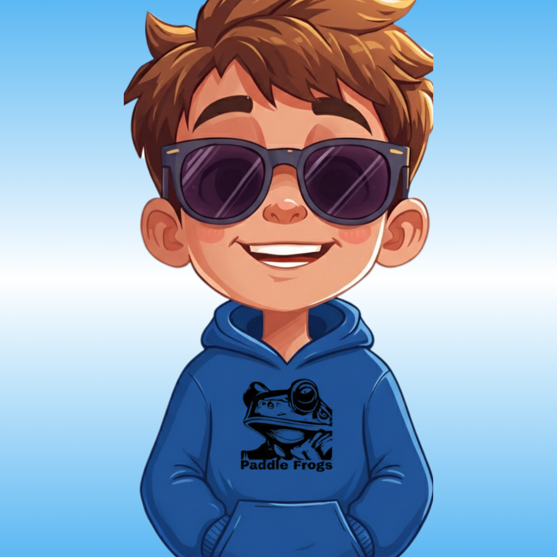 Kid wearing Paddle Frogs Outdoor Gear Blue Hoodie Cartoon Figure | Cartoon boy wearing sunglasses and a blue hoodie with a frog design on a light blue background