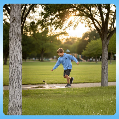 Kids Blue Hoodie | Hooded Sweatshirt | Paddle Frogs™ Boy playing in a water puddle