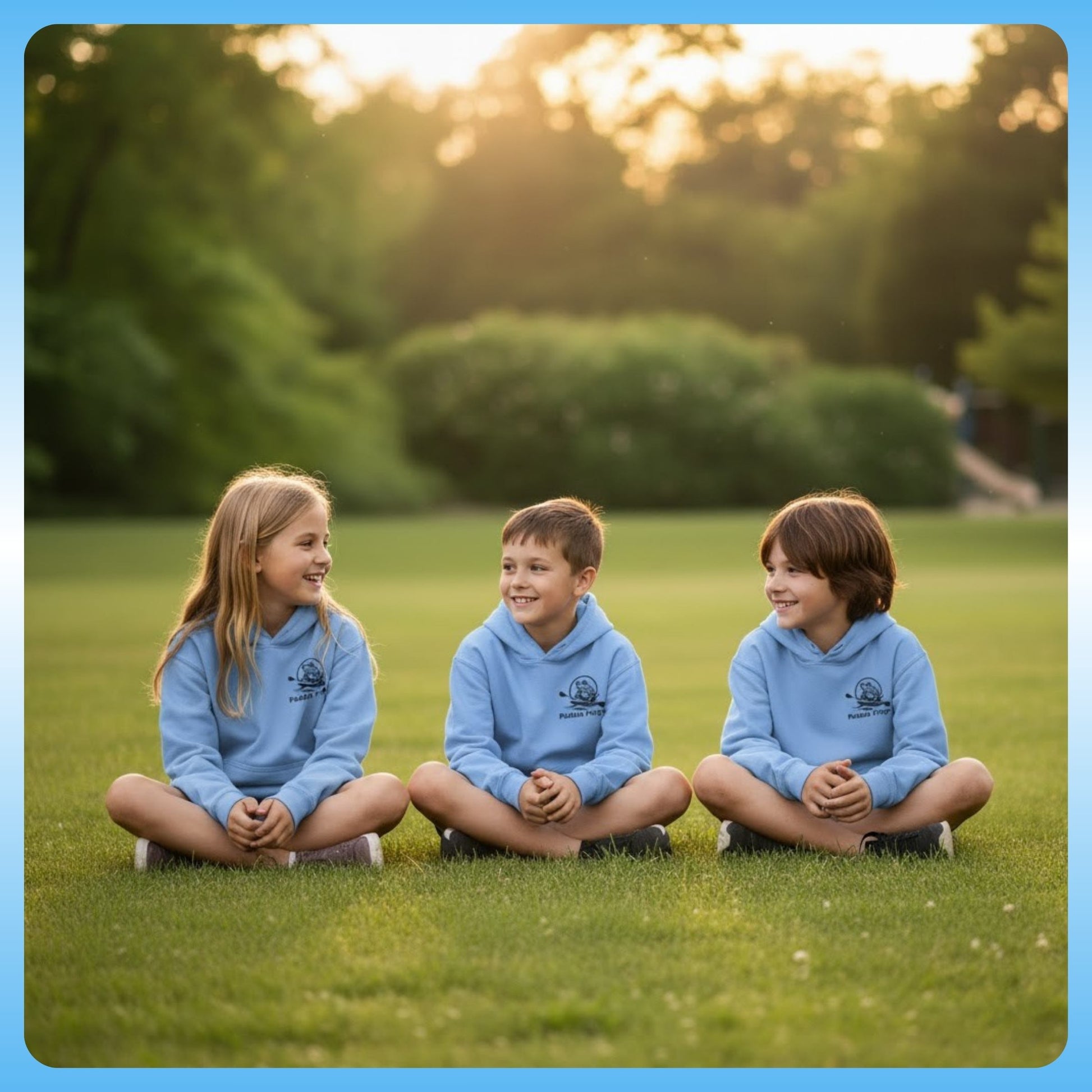 Kids Blue Hoodie | Hooded Sweatshirt | Paddle Frogs™ Children chilling out in the grass crisscross applesauce