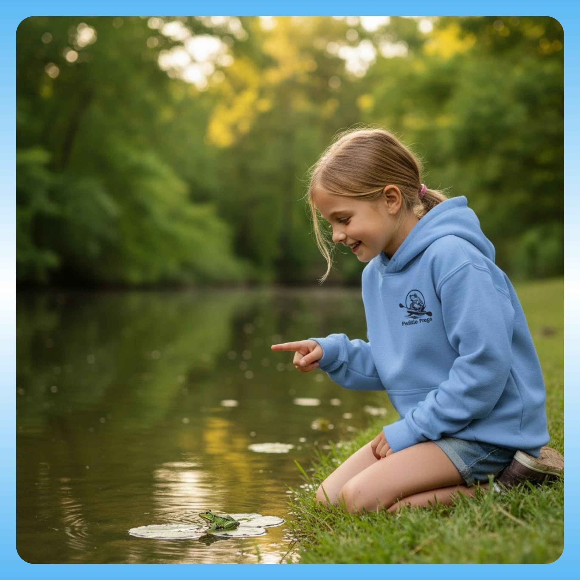 Kids Blue Hoodie | Hooded Sweatshirt | Paddle Frogs™ Girl at the creek with a frog in the water