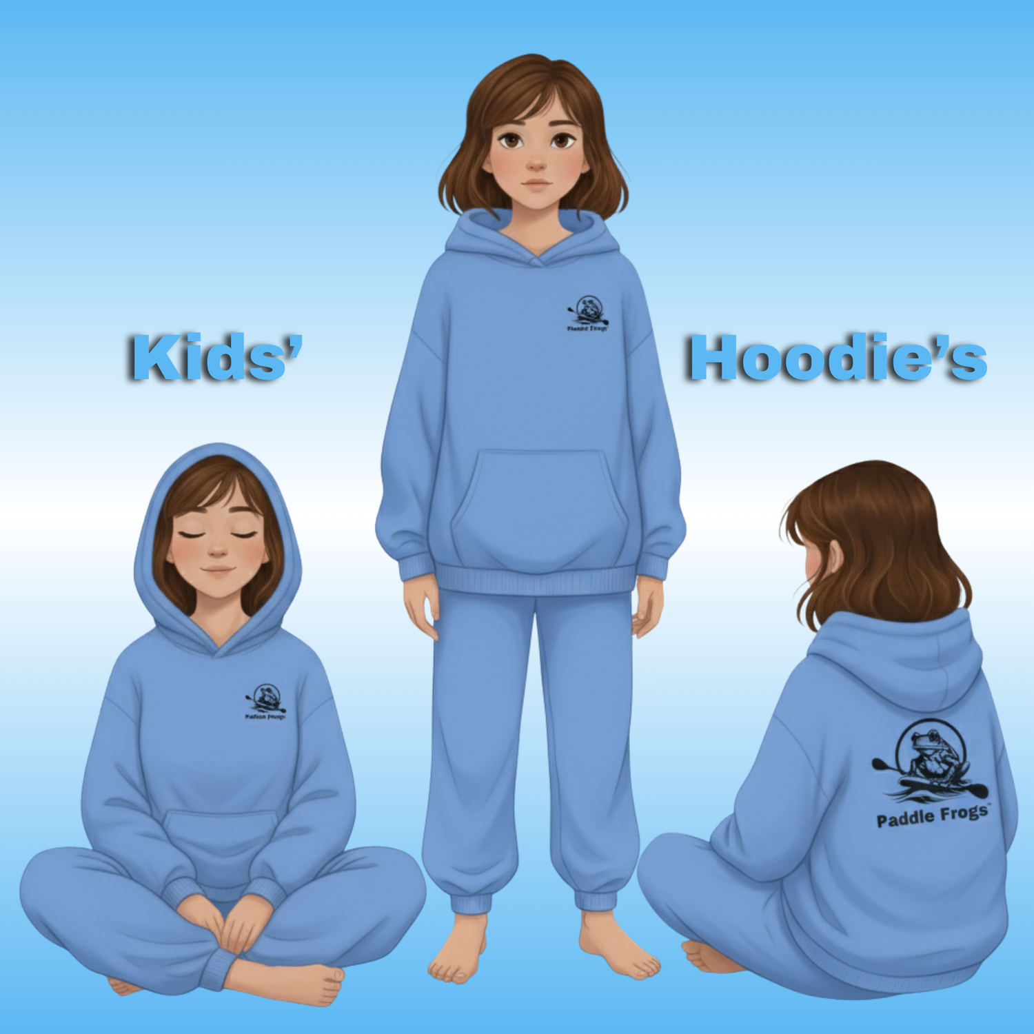 Paddle Frogs Kids Illustration of a blue hoodie set with front, side, and back views on a light blue background.