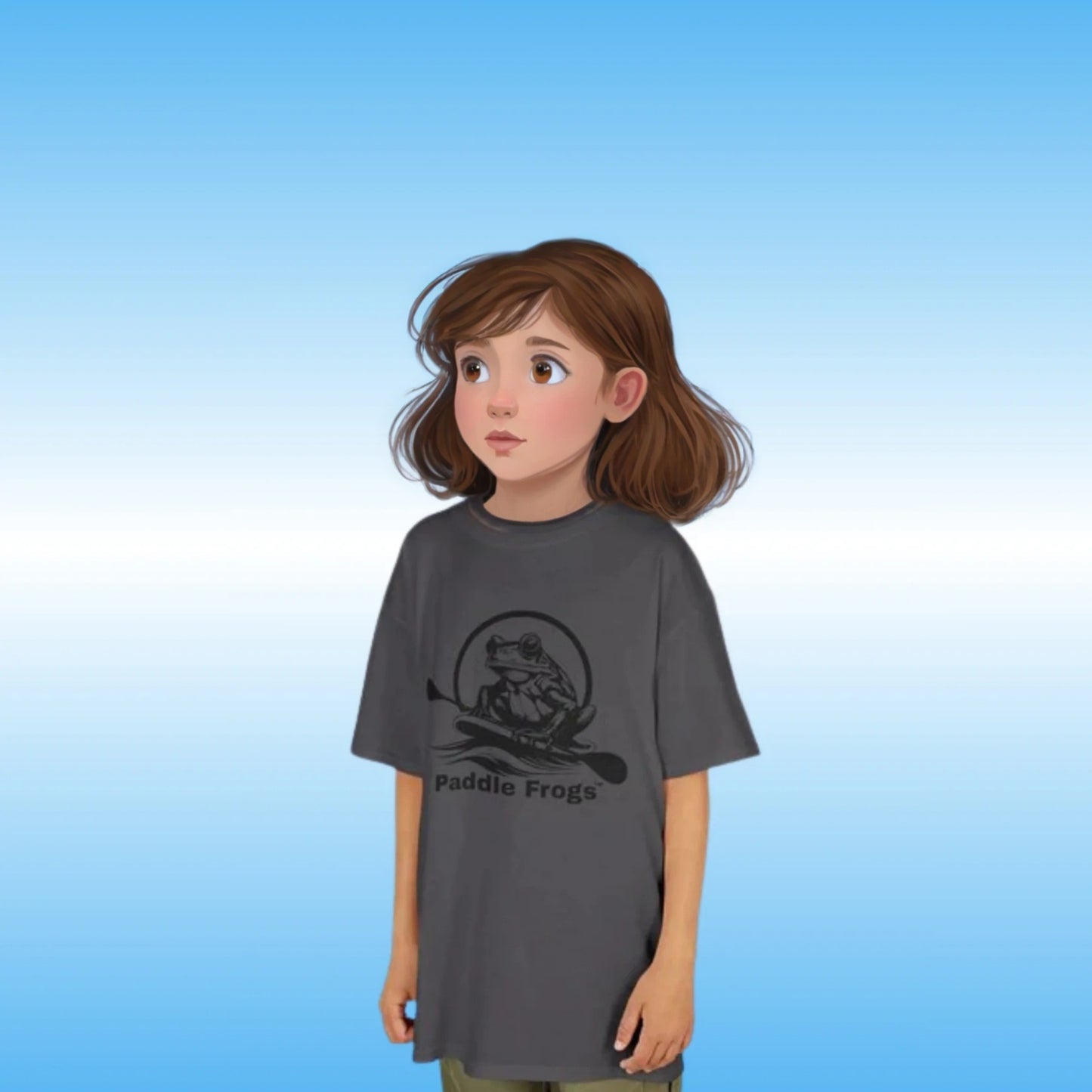 Kids Tee (Big Fit) 7 Colors | Paddle Frogs | Child wearing a gray t-shirt with 'Paddle Frogs' logo on a blue gradient background