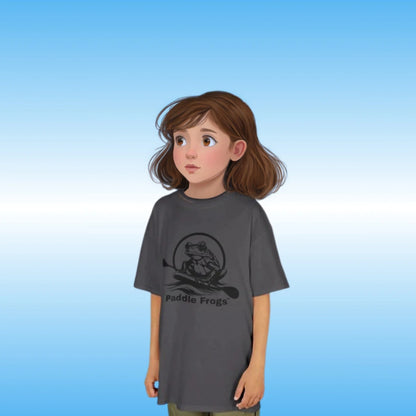 Kids Tee (Big Fit) 7 Colors | Paddle Frogs | Child wearing a gray t-shirt with 'Paddle Frogs' logo on a blue gradient background