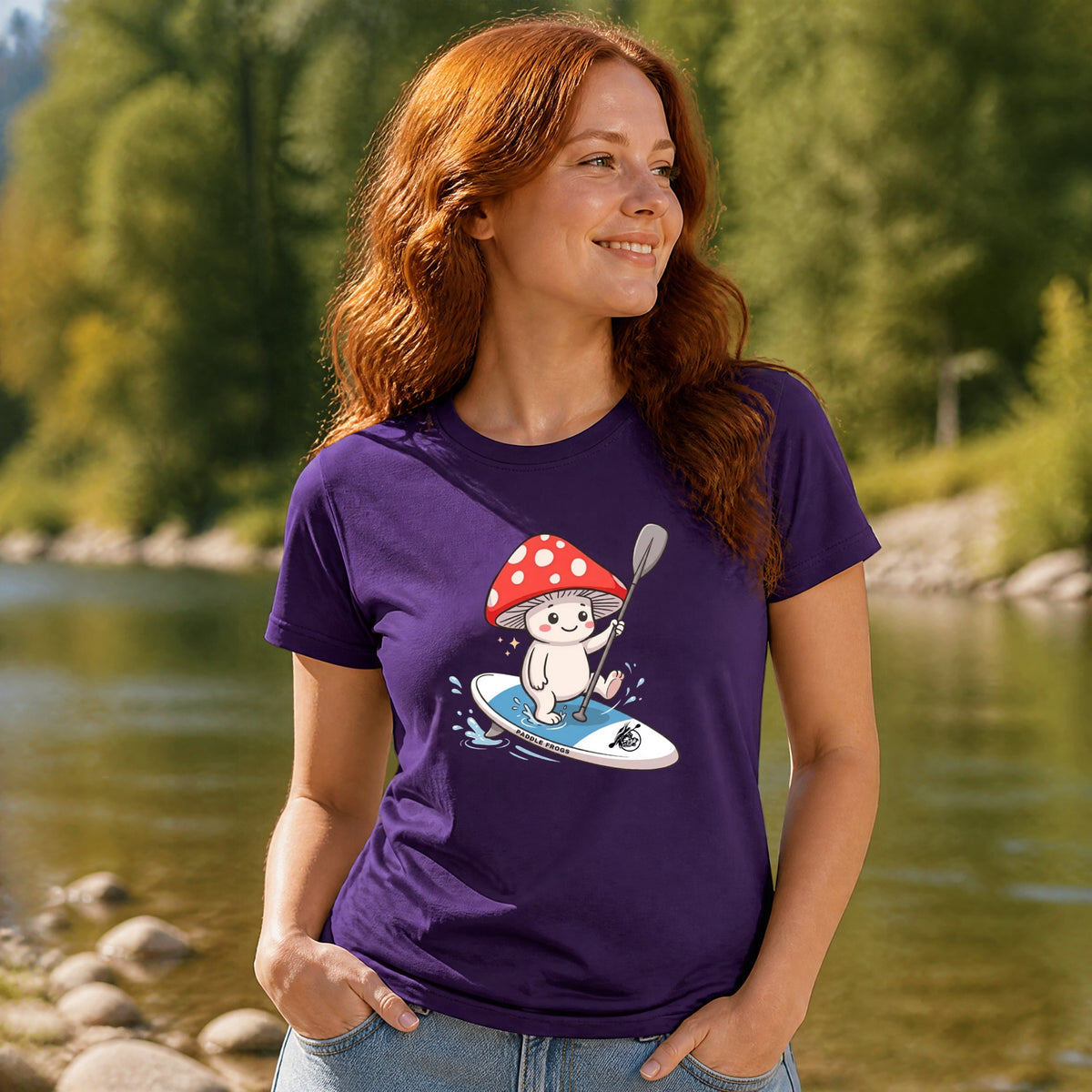 Ladies Purple paddleboarding t-shirt Shiro’s Paddle Day Women’s Tee | Paddle Frogs™ with a mushroom paddleboard graphic