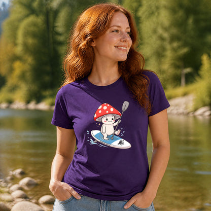 Ladies Purple paddleboarding t-shirt Shiro’s Paddle Day Women’s Tee | Paddle Frogs™ with a mushroom paddleboard graphic