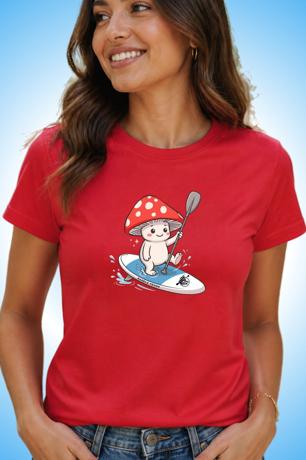 Ladies Red paddleboarding t-shirt Shiro’s Paddle Day Women’s Tee | Paddle Frogs™ with a mushroom paddleboard graphic