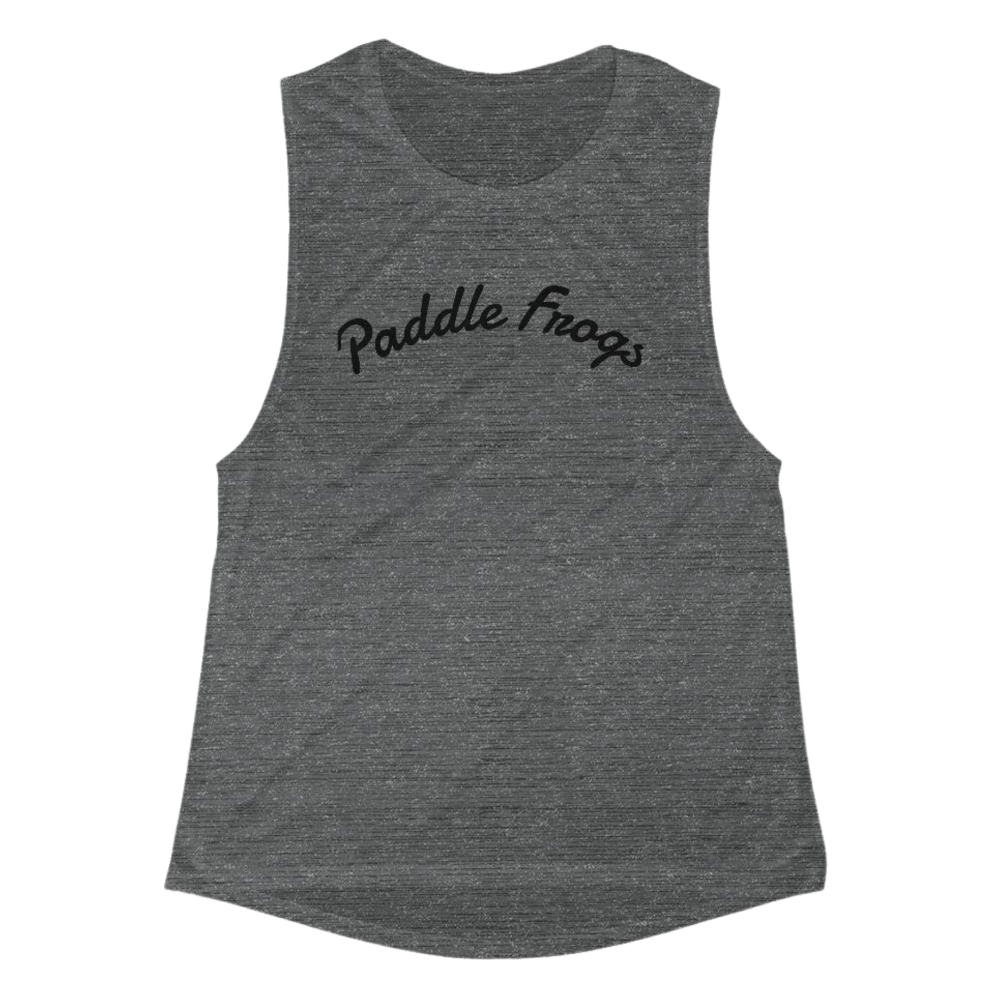 Gray tank top with 'Paddle Frogs' text on a transparent background