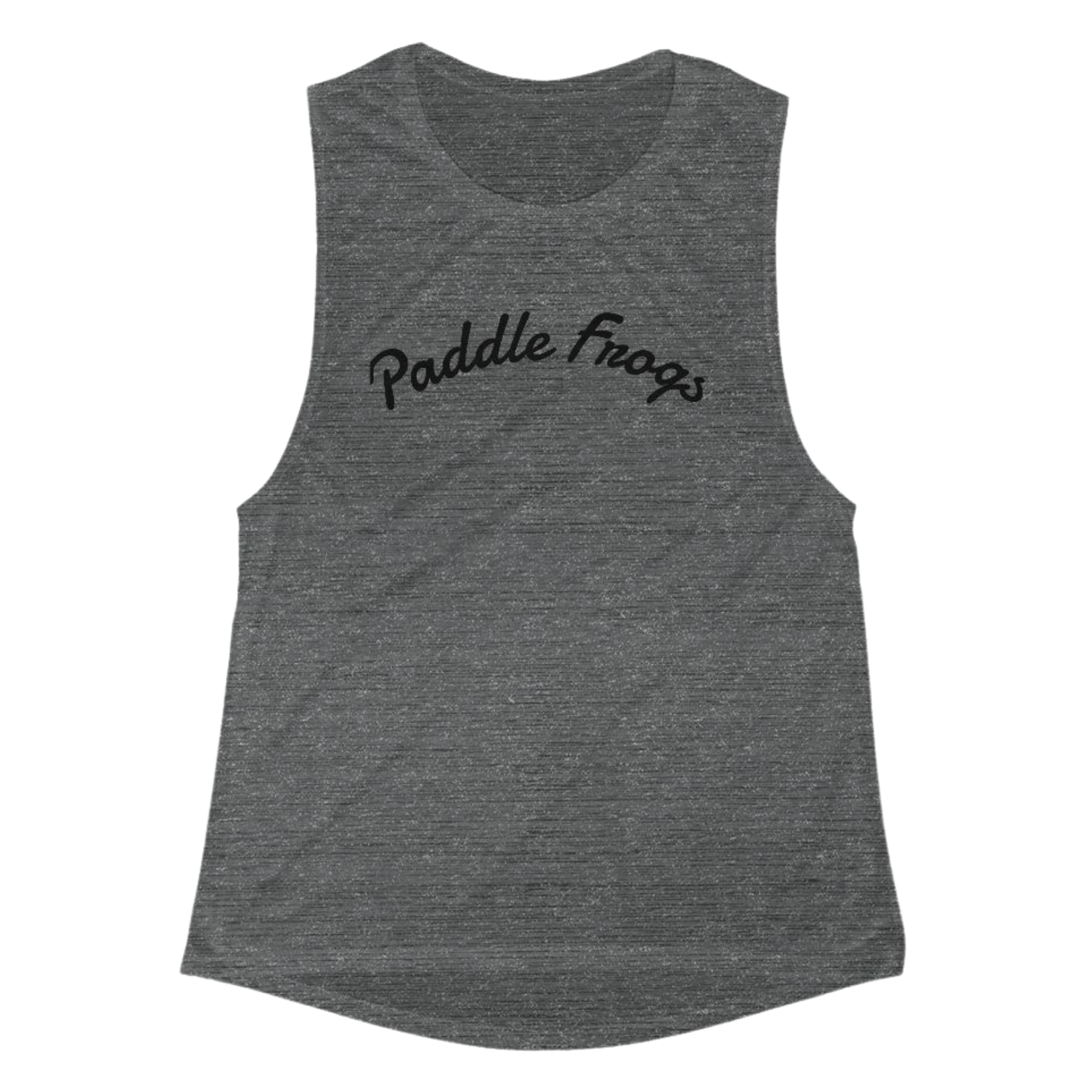 Gray tank top with 'Paddle Frogs' text on a transparent background