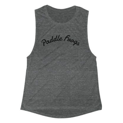 Gray tank top with 'Paddle Frogs' text on a transparent background