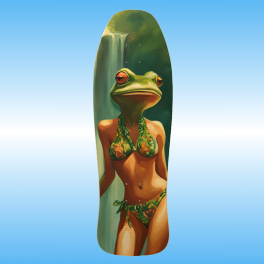 Lady Frog | original deck | retro classic thrasher shape skateboard deck by Paddle Frogs | creative frog creature character art Artwork waterfall adventure