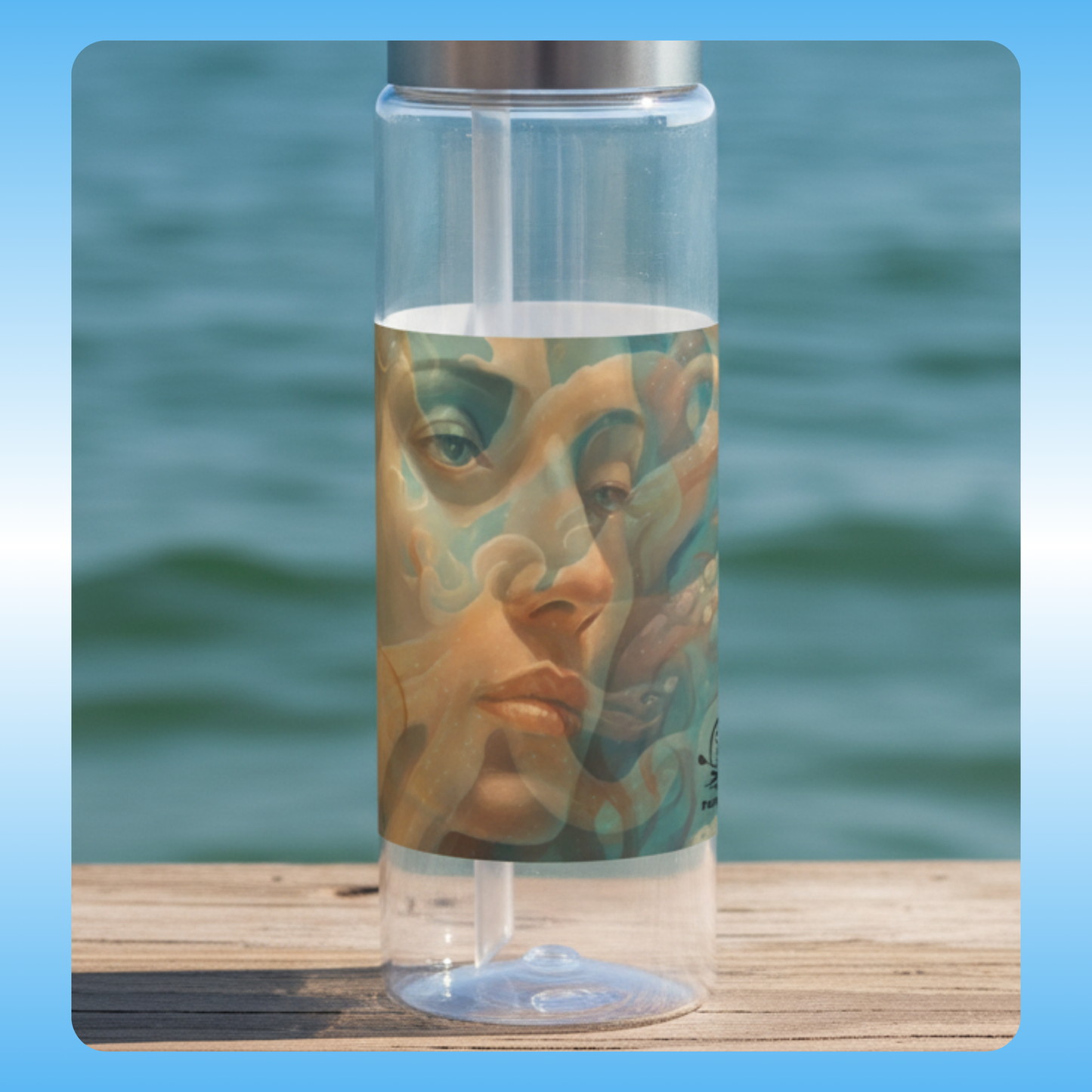 Clear plastic water bottle with a face of Lady Octopus design on a wooden surface with ocean water in the background
