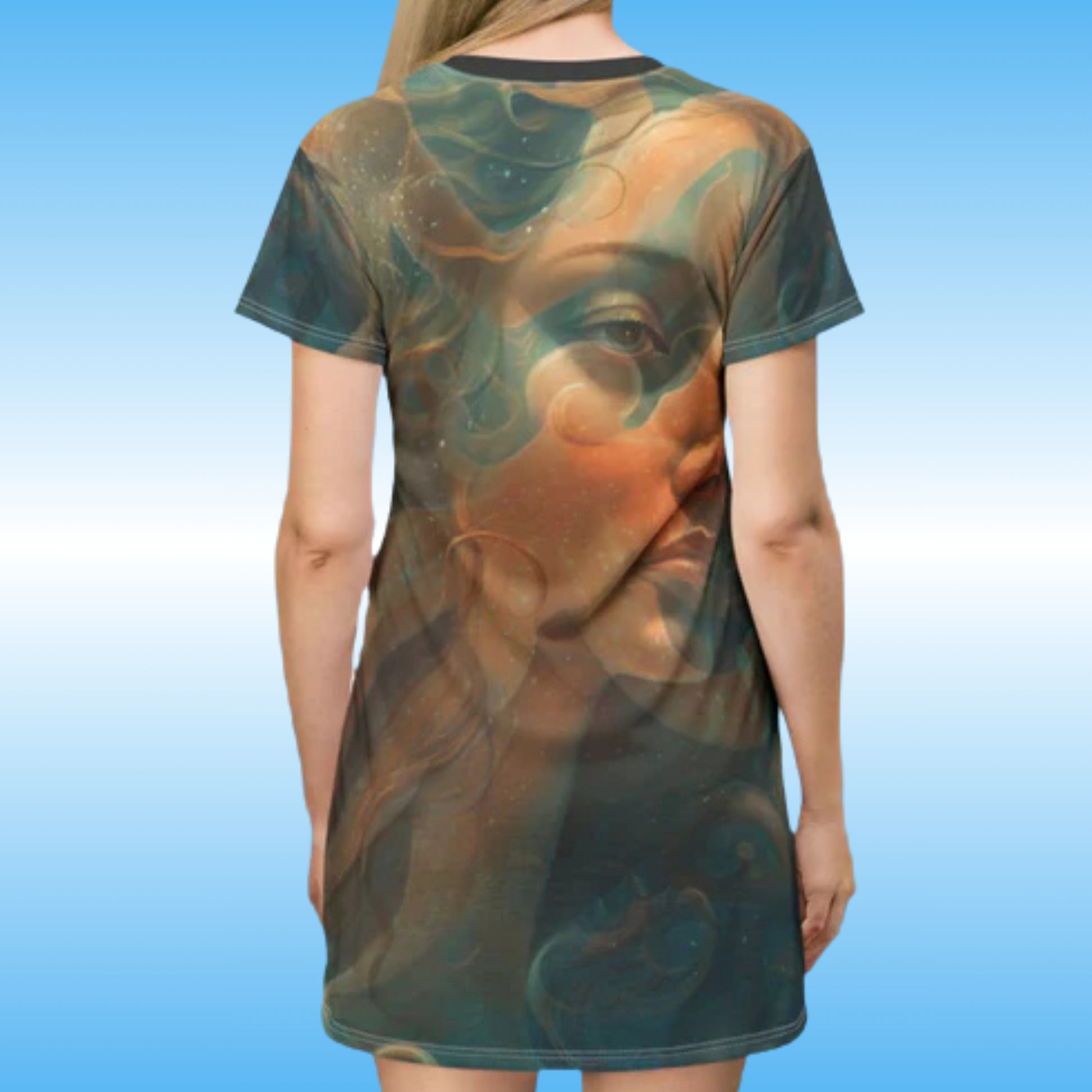 Lady Octopus T-shirt dress | Long Tee by Paddle Frogs (backside) | T-shirt with artistic design of a face on a blue background