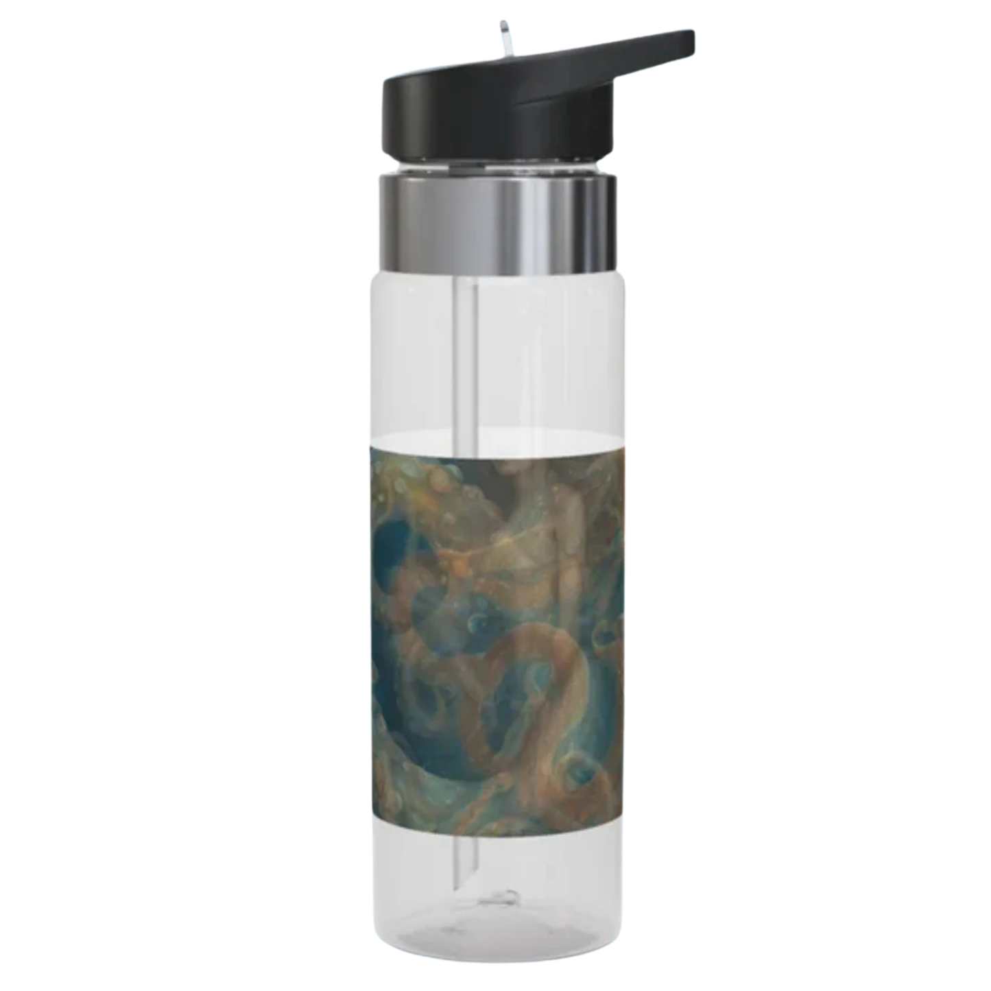 Lady Octopus Clear water bottle with black cap and colorful design inside on a white background