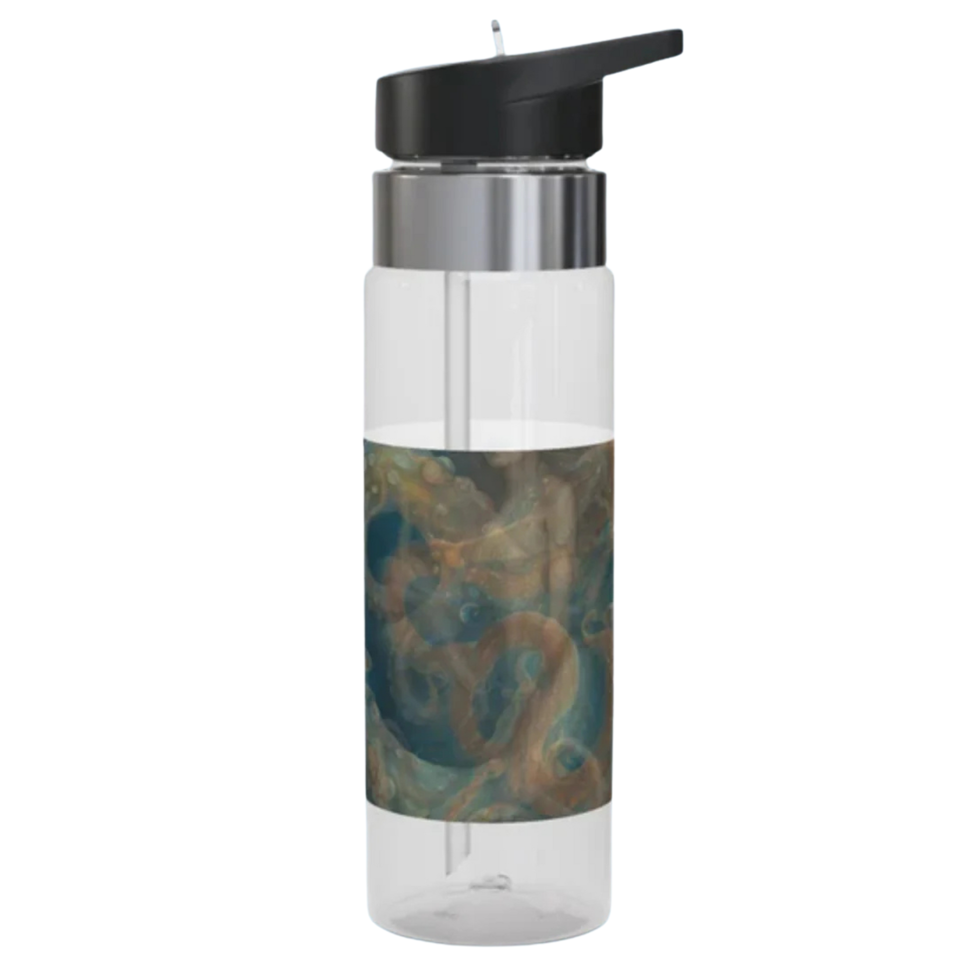 Lady Octopus Clear water bottle with black cap and colorful design inside on a white background