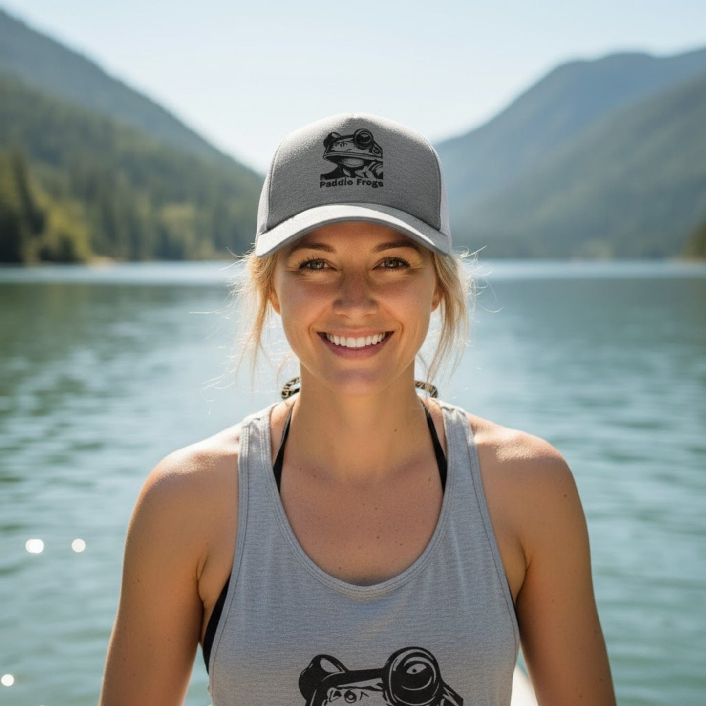 Woman wearing a cap and tank top with a lake and mountains in the background