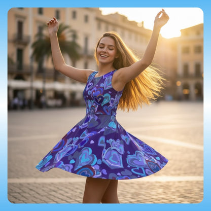 Lady models the Dancing Heart Longboard Dress - Paddle Frogs Outdoor Gear Skate & Paddle | woman in a colorful dress dancing in an urban setting with buildings and palm trees in the background.