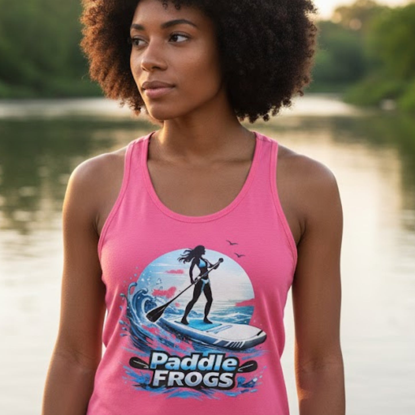 A fit 27 year old lady models this hot pink "lady of the Current" SUP tank top  She has a very stylish afro and she is at peace standing at a river