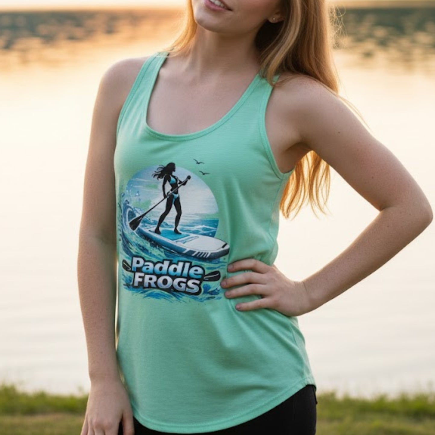 Lady of the Current  | Paddle Frogs™ paddleboarding the Divine Escape lady wearing Mint Green color at the river