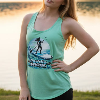 Lady of the Current  | Paddle Frogs™ paddleboarding the Divine Escape lady wearing Mint Green color at the river