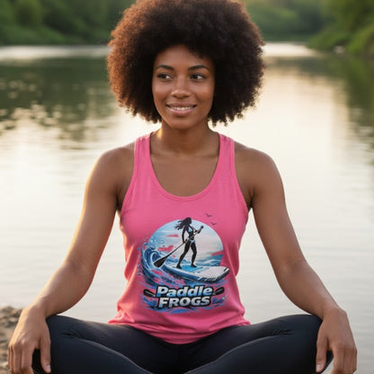 Lady sitting crisscross applesauce wearing a Hot Pink 'Lady of the Current' paddleboarding tank top by Paddle Frogs.