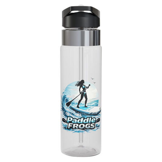 Lady of the Current Clear water bottle with paddleboarding design and 'Paddle Frogs' text