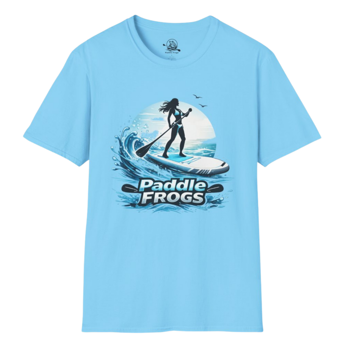 Light blue t-shirt with paddleboarding graphic and 'Paddle Frogs' text on a white background