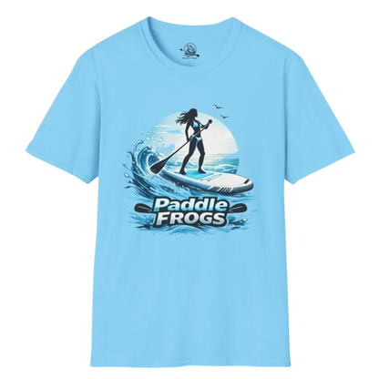 Light blue t-shirt with paddleboarding graphic and 'Paddle Frogs' text on a white background