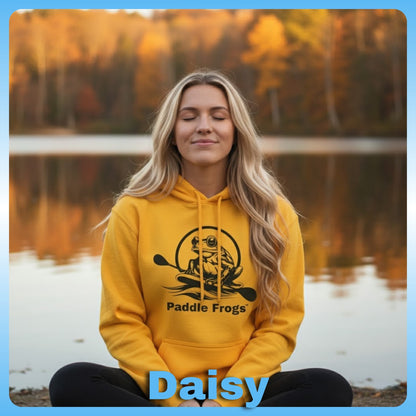 Lady wearing Daisy Yellow | Paddle Frogs™ Soft Fleece Hoodie: Soft Fleece, Wild Soul (12 Colors) 