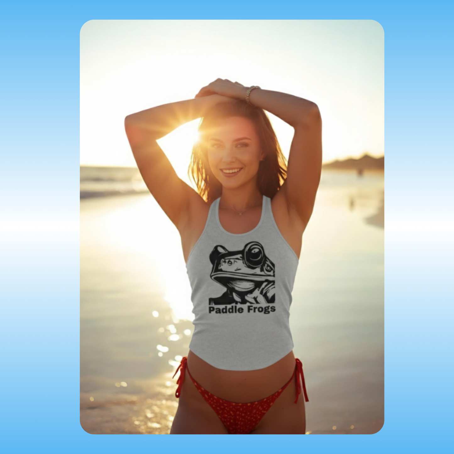 Lady wearing Grey Frog Face Tank Top by Paddle Frogs Outdoor Gear women's cute gray summer shirt