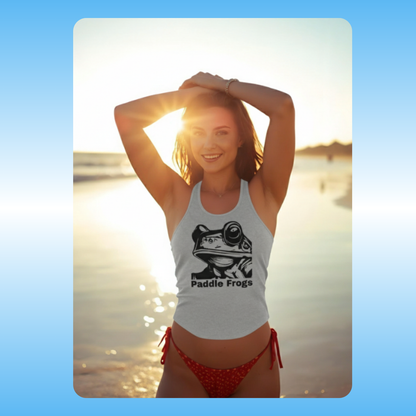 Lady wearing Grey Frog Face Tank Top by Paddle Frogs Outdoor Gear women's cute gray summer shirt