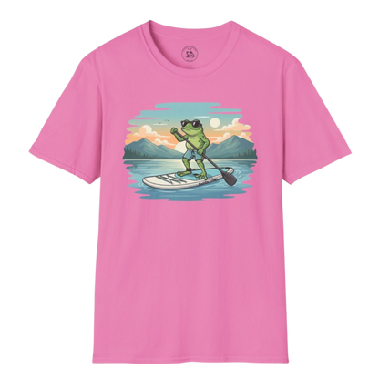 T-shirt with a graphic of a frog paddleboarding on a lake by Paddle Frogs™ Azalea Pink on a transparent background