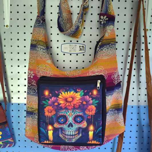 Bright colors on a Large Sugar Skull "Michy" Crossbody Purse Messenger Bag at Paddle Frogs agritourism shop 
