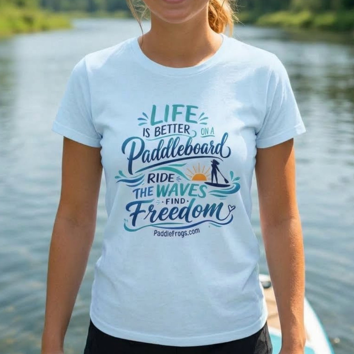 Life Is Better on a Paddleboard Women’s find freedom Tee | Paddle Frogs™ light blue color