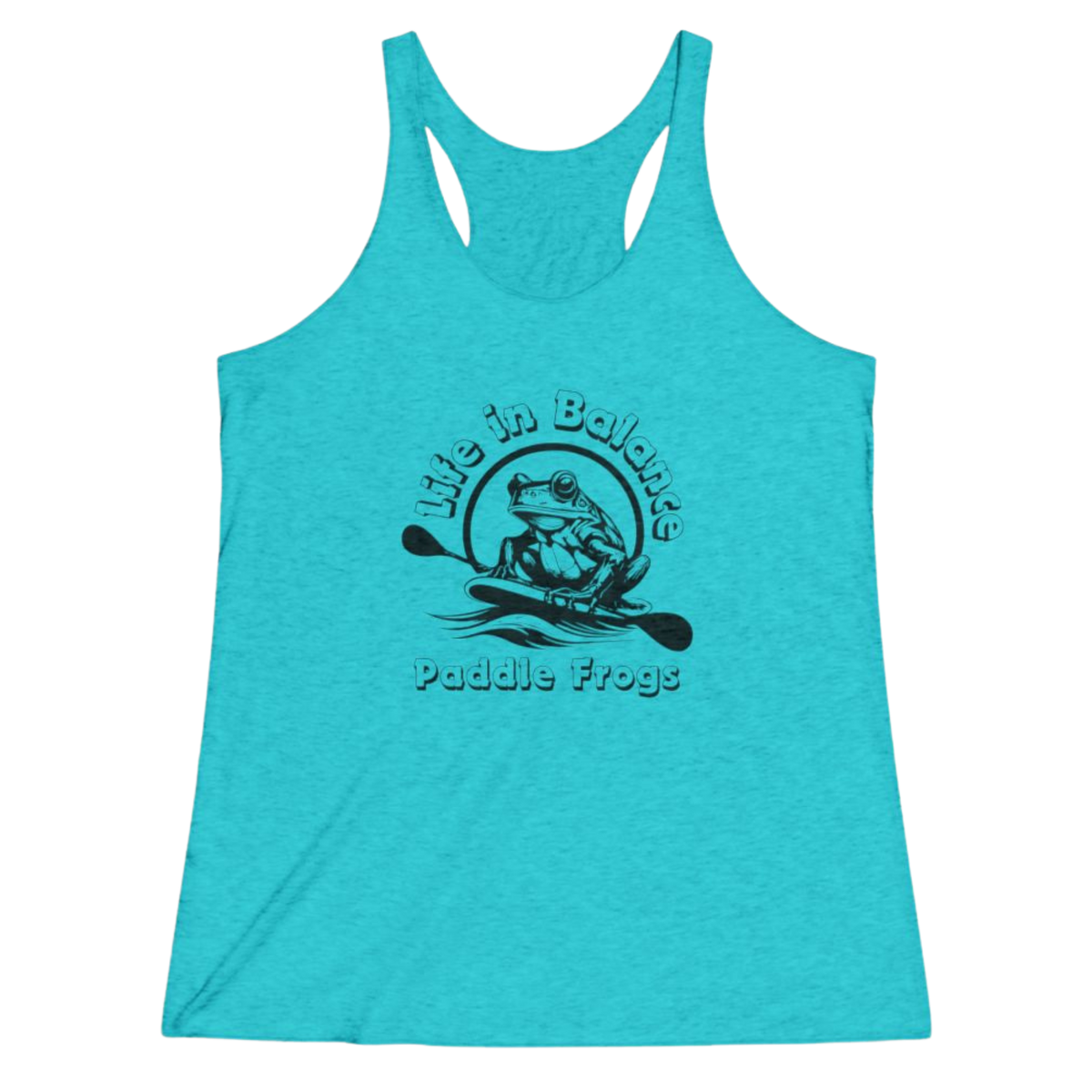 A Tahi blue tank top with  a frog riding a paddle board, text saying 'Life in Balance' and Paddle Frogs.