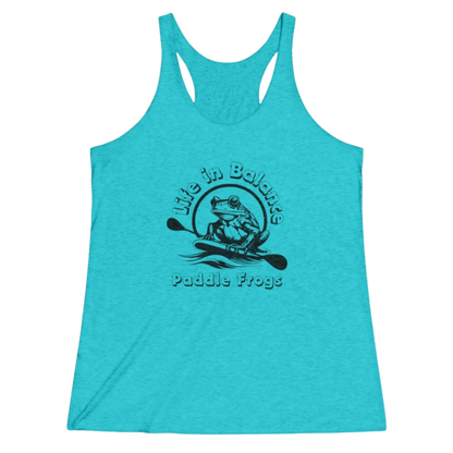 A Tahi blue tank top with  a frog riding a paddle board, text saying 'Life in Balance' and Paddle Frogs.