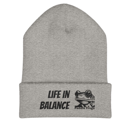 Gray beanie with 'Life in Balance' and Paddle Frogs logo on a white background