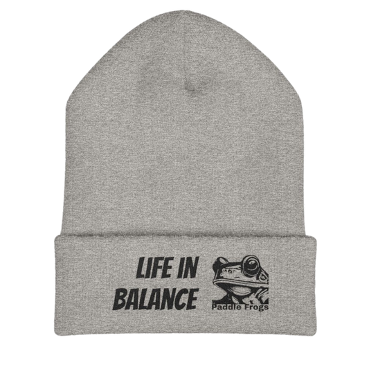 Gray beanie with 'Life in Balance' and Paddle Frogs logo on a white background
