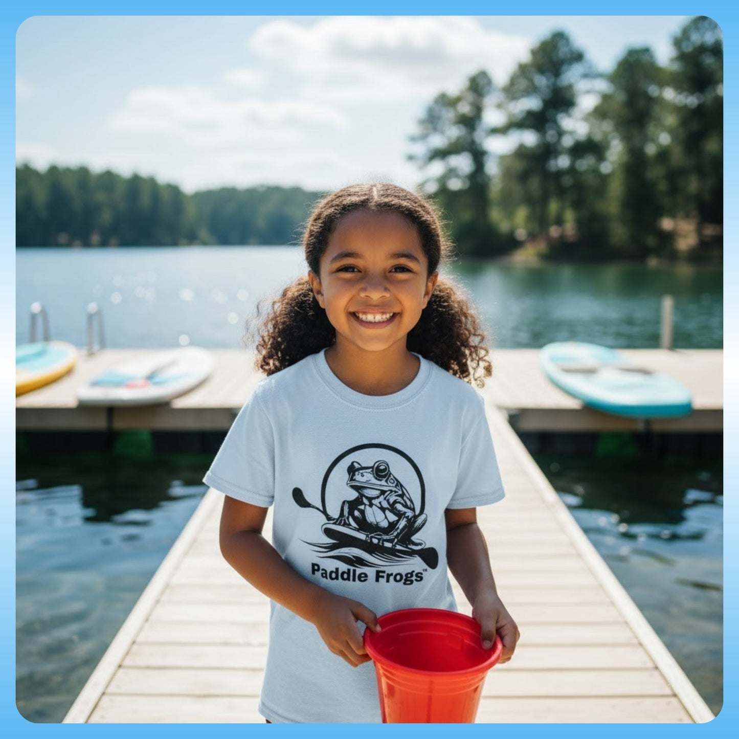 Young girl holding a red bucket on a dock by a lake, wearing a 'Paddle Frogs' t-shirt. Light Blue action shot - Kids Tee (Big Fit) 7 Colors | Paddle Frogs Kids